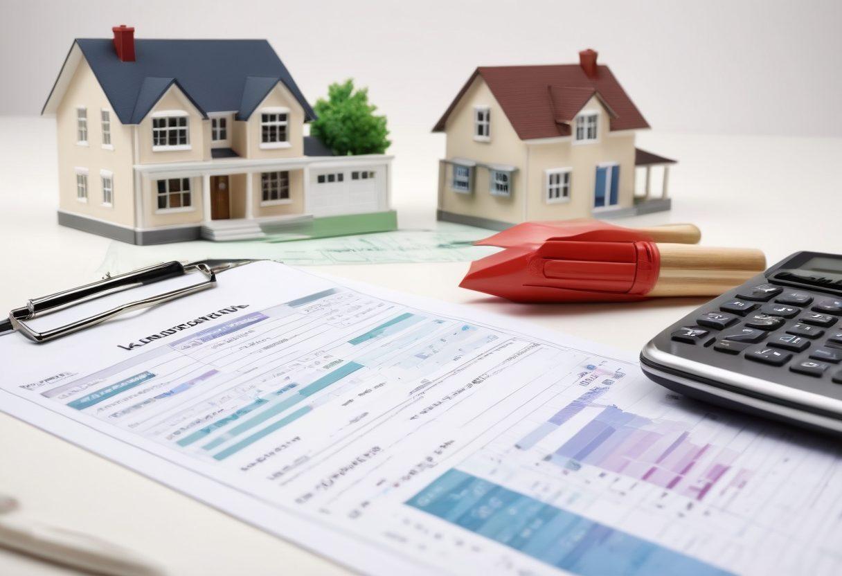 A detailed scene depicting a professional appraiser evaluating a property, with a clipboard and calculator in hand. In the background, visualize a house with a 'For Sale' sign and a visual representation of Loan-to-Value (LTV) ratios, using charts and numbers floating in the air. Add elements like a magnifying glass highlighting key features of the house to signify thorough appraisal. Soothing color palette that conveys trust and stability. super-realistic. vibrant colors. white background.