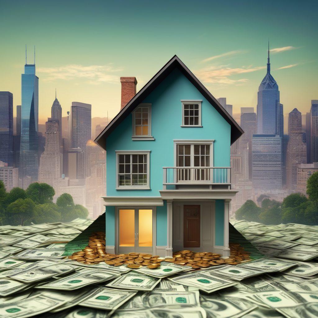 A conceptual illustration of a house split in half, with one side depicting a digital calculator showing LTV ratios and the other side filled with dollar bills and coins. An upward arrow symbolizing growth and opportunity, with a background of a bustling city skyline. The color scheme should reflect financial success with greens, golds, and blues. super-realistic. vibrant colors.