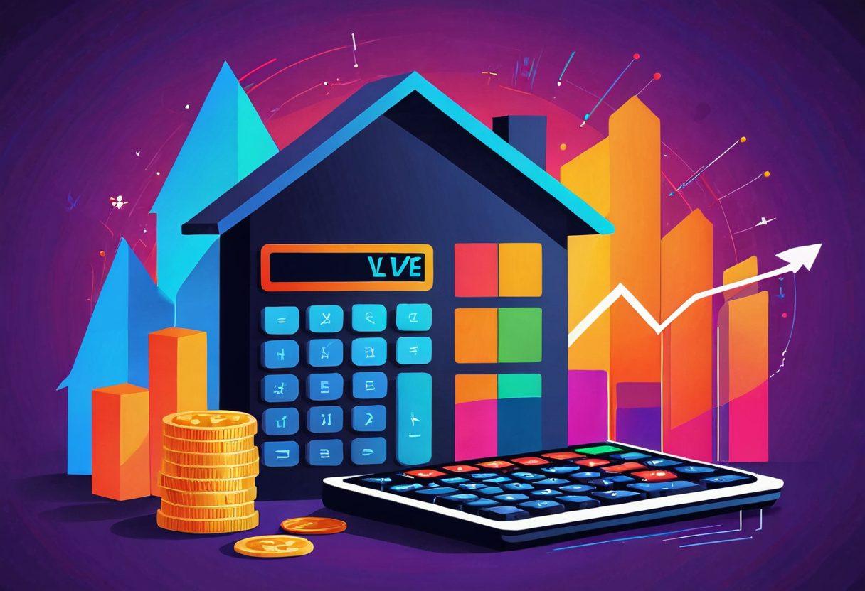 A dynamic illustration showcasing a financial analysis scene, featuring a calculator displaying LTV formulas alongside a stack of coins and a house silhouette. In the background, a graph rising to symbolize increasing borrower equity. Colorful and engaging, with elements of a flourishing investment landscape. vibrant colors. vector art.